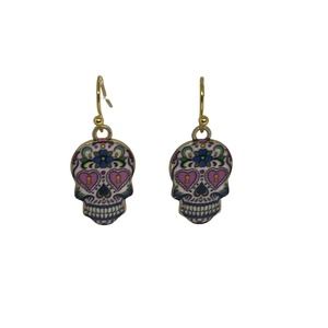 Sugar Skull Earrings Heart Eyes - Gold Plated Enamel - Hypoallergenic